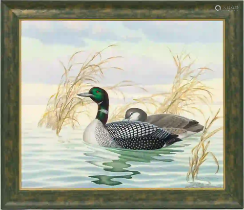 ATHOS MENABONI, LOONS, OIL ON BOARD, FRAMED