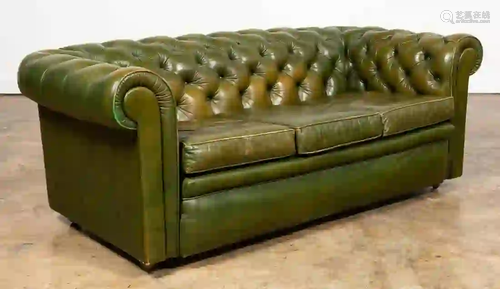 GREEN LEATHER CHESTERFIELD THREE-SEATER SOFA