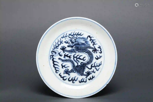 A Blue and White Dragons Plate with Qianlong Mark