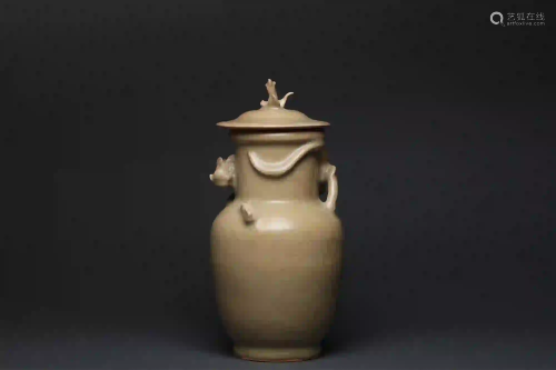 A Longquan Celadon Glaze Dragon and Phoenix Vase Yuan