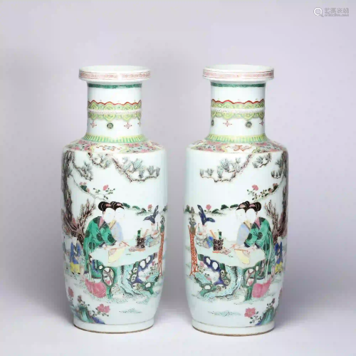 A Pair of Figural Storied Famille Verte Rouleau Vases