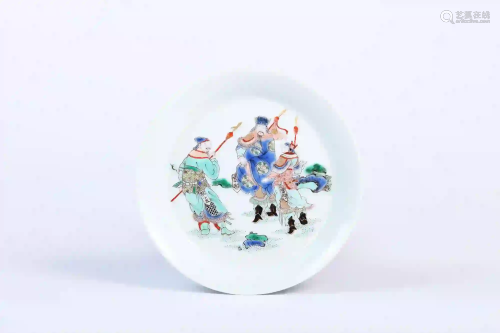 A Figural Famille Rose Saucer with Kangxi Mark