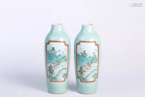A Pair of Famille Rose Landscape Celadon Vases Qianlong