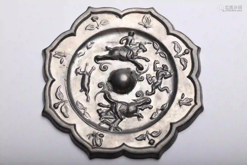 A Lobed Hunting Scene Bronze Mirror Tang Dynasty