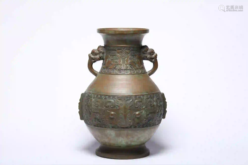 A Bronze Zun Vase with Beast Handles Qing Dynasty