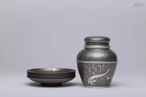 19th Century Pewter Tea Caddy with 4 Saucers