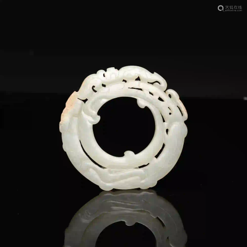 A Carved Hetian White Jade Dragon Ring Pendant Han