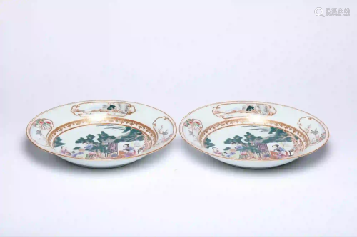 A Pair of Gilt Famille Rose Figural Deep Dishes
