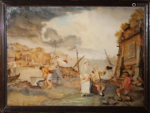 Early 19th c Continental Eglomise Genre Scene