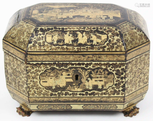 Chinese Lacquered Tea Box with Pewter Jars