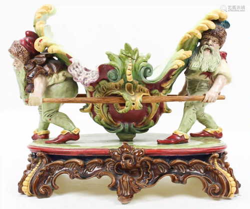 Majolica Centerpiece of Gnomes Carrying Basket