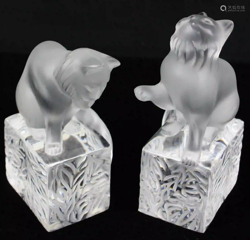 Pair of Lalique Cat Art Glass Bookends