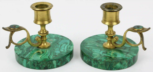 Russian Gilt Brass and Malachite Candlesticks