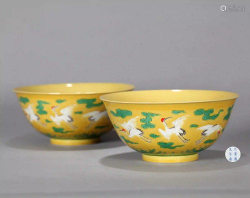Pair Yellow Ground Green Enameled Bowls Qing Dynasty