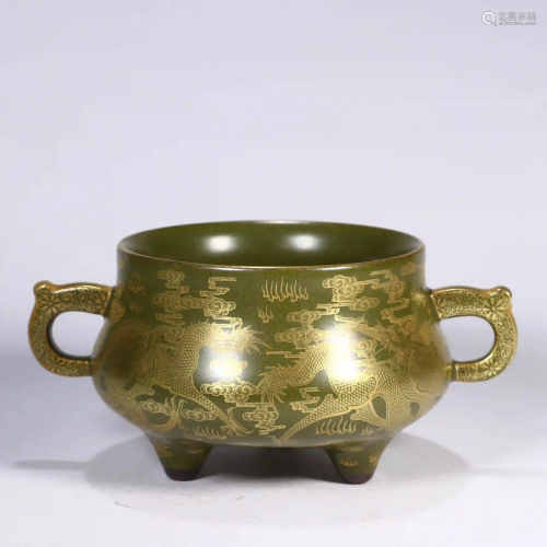 Tea Dust Glazed And Gilt Censer Qianlong Mark