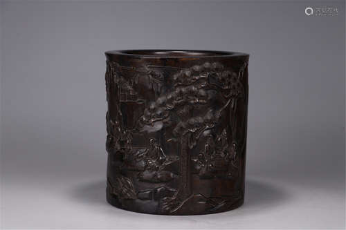 A Chinese Carved Hardwood Brush Pot