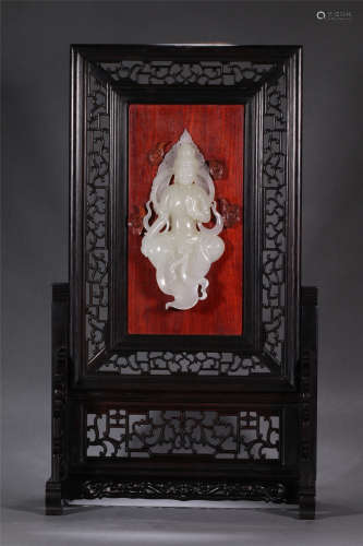 A Chinese Carved Jade and Hardwood Table Screen