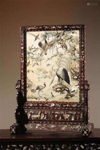 A Chinese Embroideried and Hardwood Table Screen