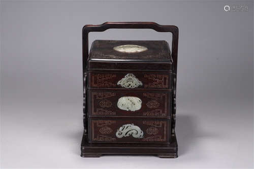 A Chinese Carved Hardwood Box with Jade Inlaid