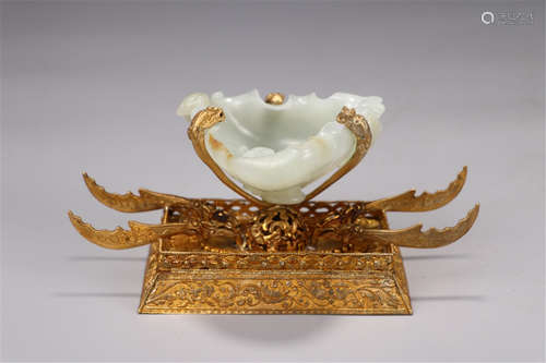 A Chinese Gilt Bronze and Jade Brush Washer