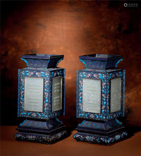 A Pair of Chinese Silver and Jade Palace Lanterns