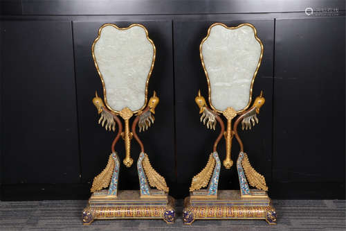 A Pair of Chinese Cloisonne and Jade Table Screens