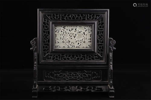 A Chinese Carved Jade and Hardwood Table Screen