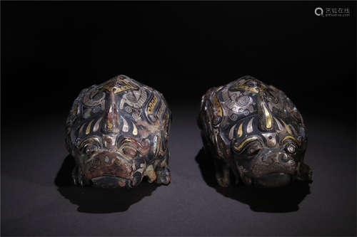 A Pair of Chinese Bronze Decorations with Gold and Silver Inlaid