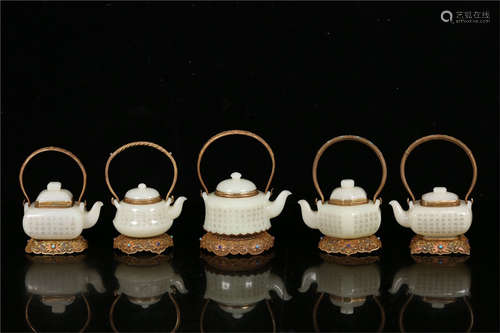 A Set of Chinese Carved Jade Teapots