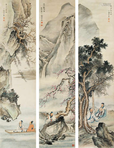 陈少梅 癸未（1943年）作 山水人物三条屏 立轴 设色纸本