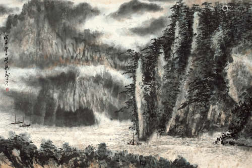 俞子才 戊子（1948年）作 山水 镜片 设色纸本