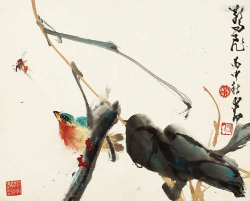 赵少昂 丙申（1956年）作 花鸟 镜片 设色纸本