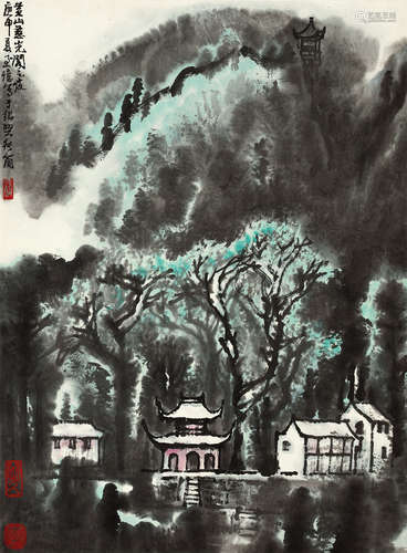 李行简 庚申（1980年）作 黄山慈光阁之夜 立轴 设色纸本