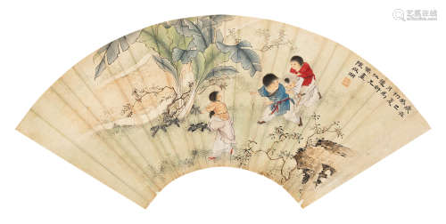 陈启湖 癸巳（1953年）作 婴戏图扇面 镜片 设色纸本
