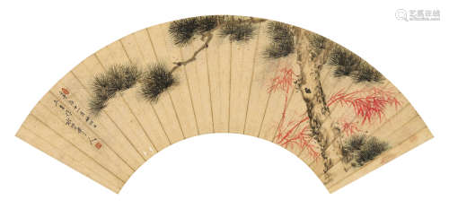 许世昌 辛酉（1921年）作 双清图扇面 镜片 设色纸本