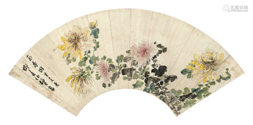 邵梅臣 辛亥（1851年）作 菊寿图扇面 镜片 设色笺本