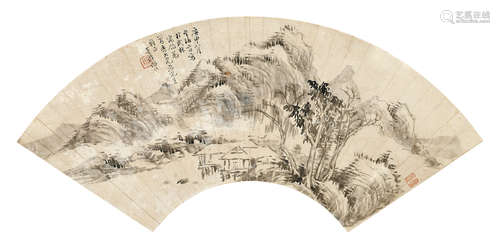 温春汉 庚申（1920年）作 山水扇面 镜片 水墨纸本