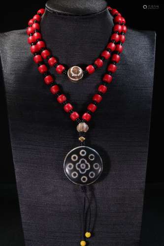 18-Eye Dzi and Sherpa Glass Bead Necklace