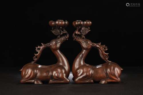 Pair of Agarwood Deer Shaped Candle Holders