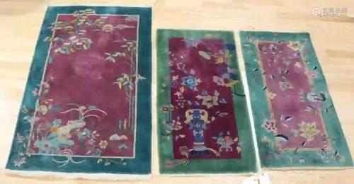 3 Finely Hand Woven Art Deco Chinese Carpets.