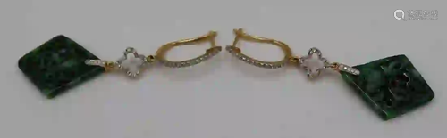 Pair of Signed 18kt Gold, Jade and Diamond Drop