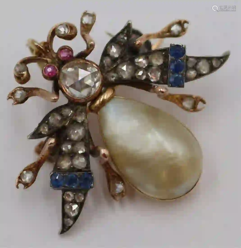 Antique 18kt Gold, Diamond, and Colored Gem Brooch