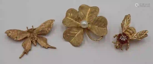 JEWELRY. (3) 14kt Gold Bug and Flora Brooches.