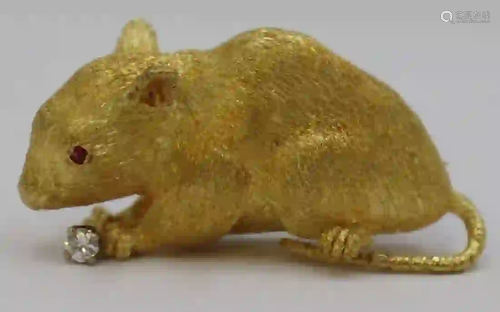 JEWELRY. Signed 18kt Gold Mouse Form Brooch.