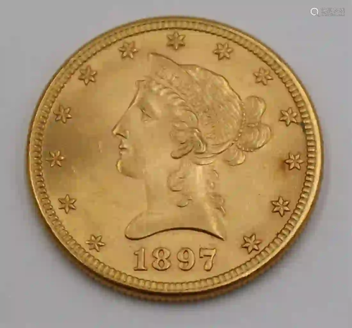 GOLD. 1897 US $10 Gold Liberty Eagle Coin.