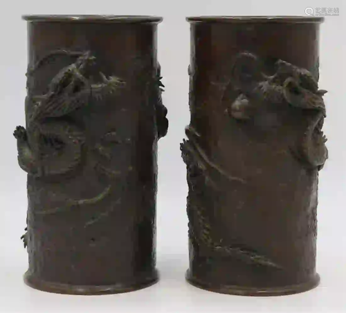 Pair of Japanese Meiji Bronze Cylindrical Vases.