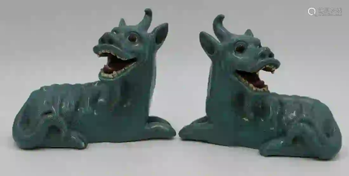 Pair of 19th C Turquoise Glazes Qilin Figures.