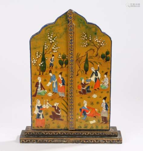 Middle Eastern mirror, the painted exterior panel doors with figures at leisure opening to reveal