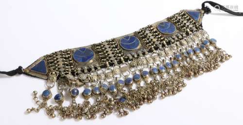 Afghan choker style necklace, with circular and triangular lapis lazuli panels above hanging white
