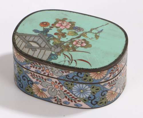 Cloisonne pot and cover, of oval form, the lid with turquoise ground and foliate decoration, the